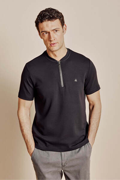 BROOKS BROTHERS Erkek Siyah Bisiklet Yaka Fermuarlu T-shirt
