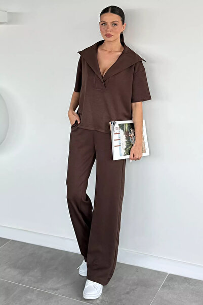 Aryena Brown Women's Polo Collar Blouse and Elastic Waist Pants Two-Piece Set
