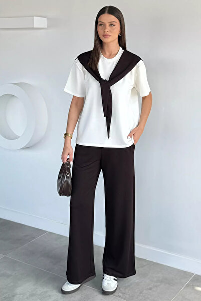 Aryena Brown Women's Elastic Waist Trousers and Tie-Front Blouse Two-Piece Set