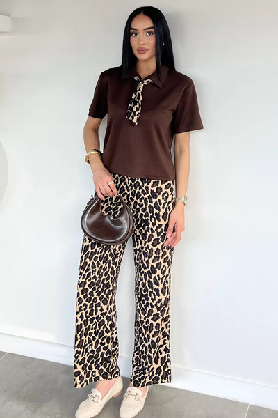 Aryena Brown Women's Polo Collar Scarf T-Shirt Patterned Trousers Two-Piece Set