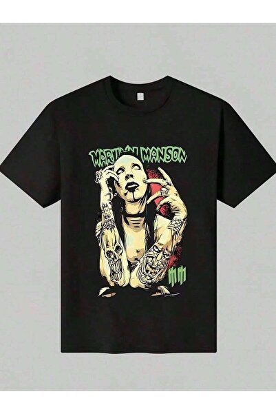 9JY MANSON Letter Artistic Tattoo Design Printed T-Shirt Men, Y Top For Ladie...