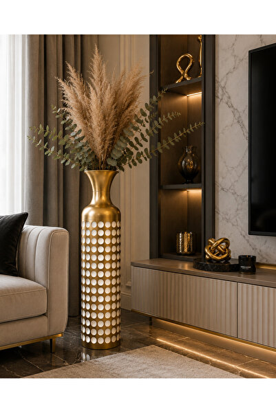 MİS KİTCHEN 84 cm Large Size Gold Dot Patterned Decorative Floor Vase