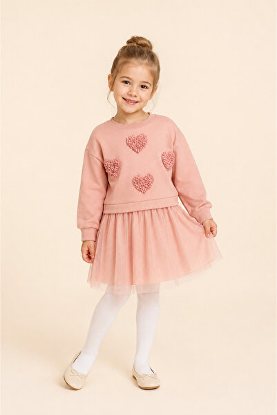 Eray Kids Rochie de sărbători casual din bumbac roz din tul cu inimă pentru f...