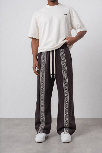 Respire Men's Ethnic Stripe Detailed Doubleface Baggy Sweatpants Brown