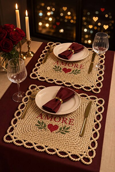 home inn AMORE Set de 2 suporturi de farfurii din răchită naturală brodate – ...