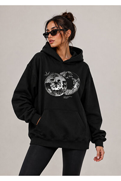 Siyah Disko Topu Baskılı Oversize Kapüşonlu Sweatshirt – Unisex Hoodie
