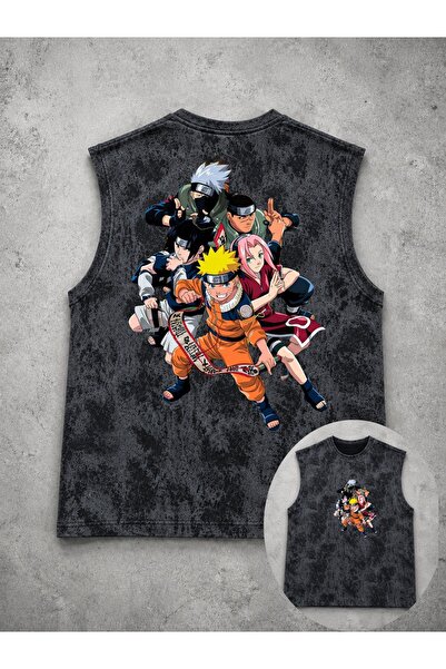 classy moda Unisex Black Washed Sleeveless Tank Top with Anime Print on the Back