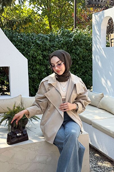 MELEK ARAZ Premium Stand Collar Bomber Buca Trench Coat - Stone