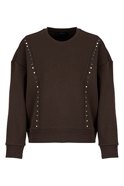Fabrika Kahverengi Kadın Bisiklet Yaka Oversize Taşlı Sweatshirt F5WL-SWT0038