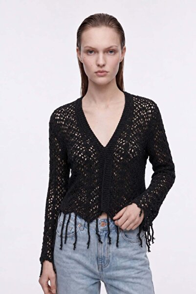 HAKKE Tasseled Lace-Like Knit knitwear cardigan