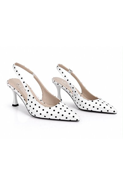 Kadın Beyaz Puantiyeli Sivri Burun Slingback Stiletto Ayakkabı