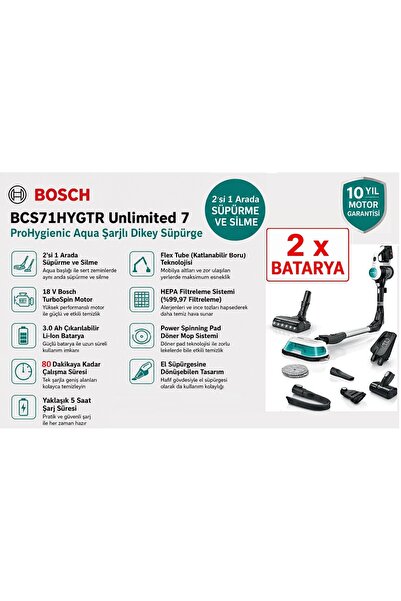 Bosch Çift Batarya ile 80 Dakika Çalışma Süresi, 2'si 1 Arada Süpürme ve Silm...