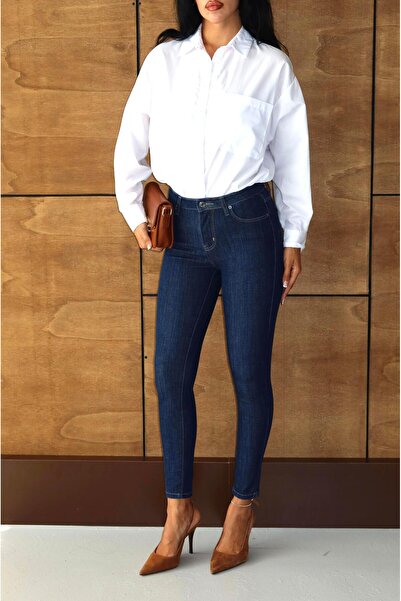 Moda Days Women's Dark Blue High Waist Skinny Jean Trousers Dark Blue Stretch...