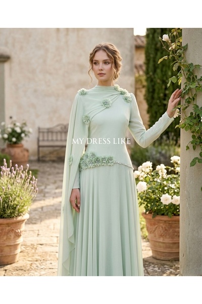 MY DRESS LIKE Tek Omuz Pelerinli Çiçekli Kadın Tesettür Balo Elbisesi