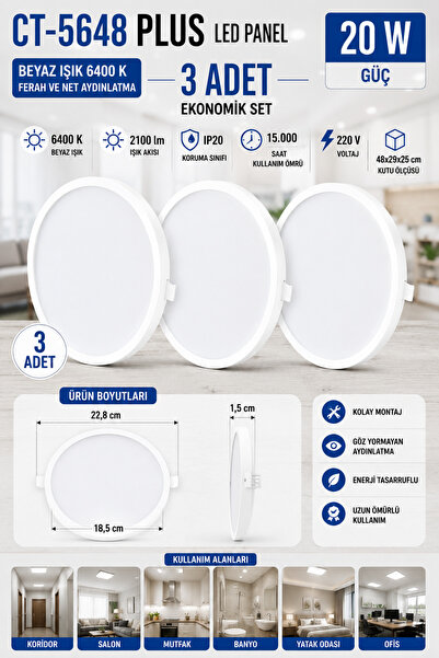 Yenilig 3 Adet CT-5648 PLUS 20W LED Panel Beyaz Işık 6400K – 22,8 cm Yuvarlak...