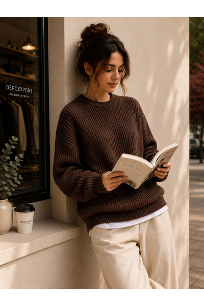 DepoExport Women's Premium Oversize Soft Crew Neck Knitwear Sweater