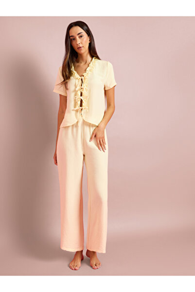 Styli Yellow Tie-Up Detail Ruffled Top and Pants Pyjama Set