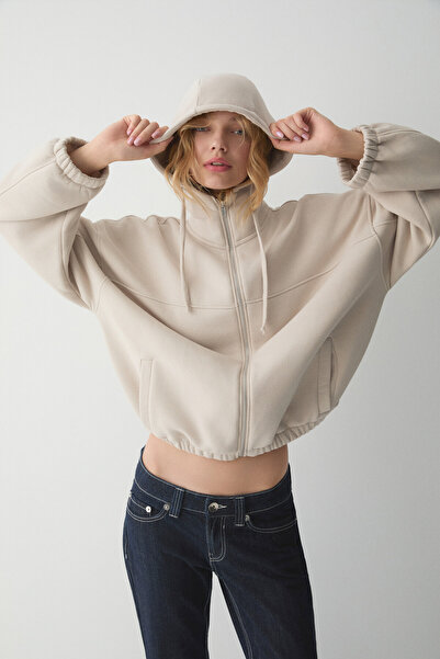 ETHIQUET VALIT Kadın Çift Cepli Eteği Ve Kol Ucu Lastikli Fermuarlı Oversize Taş Rengi Sweatshirt