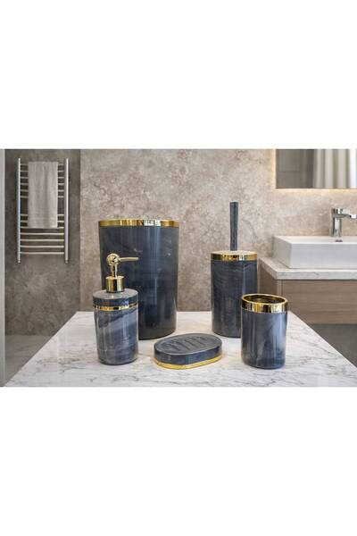 AslıHediyelik Luxury 5-Piece Gray Color Gold Detailed Marble Pattern Bathroom...