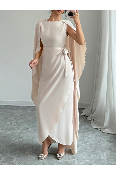 Take Two By Styli Beige Wrap Front Cape Maxi Dress