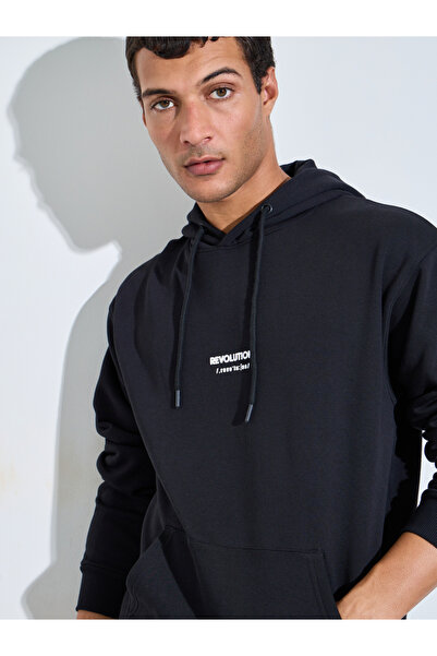 Styli Black Relaxed Fit Puff Print Fleece Hoodie