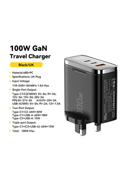 Choice1 ESSAGER 100W UK Black A 2C Essager 100W GaN USB Type C Charger Digita...
