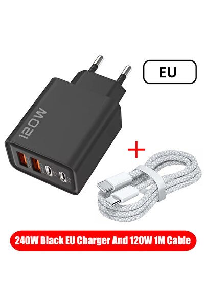 choice2 Black-EU and 1MCable 120W 4 Ports USB Charger Fast Charge Phone Charg...