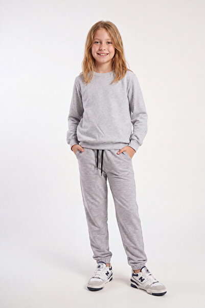 FYK KİDS Girl's Plain Crew Neck Double Pocket Tracksuit Set