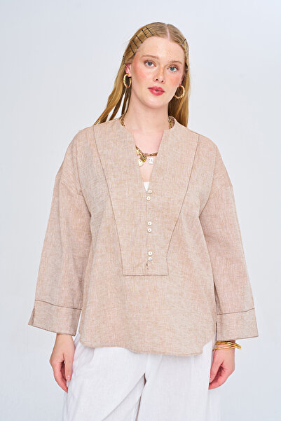 Orfeo Negro Women's V-Neck Solid Color Blouse with Stitching Detail