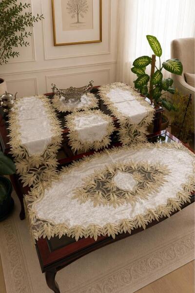 Çeyiz Diyarı Işıl Velvet Living Room Set 5 Pieces Cappucino - Gold