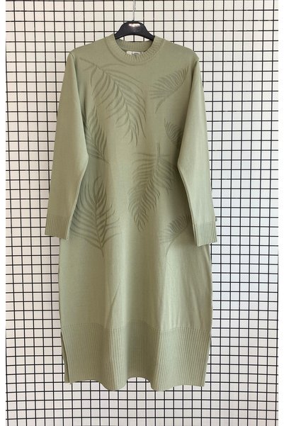 Armine Trend Cold Yarn Leaf Patterned Slit Full Fit Knitwear Tunic-112 cm