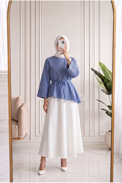MİHRA STORE Ferhan Striped Asymmetrical Blouse-Ss13202 Navy Blue