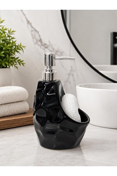 ALBETTO Black Porcelain 500ml Liquid Soap Dispenser with Sponge Holder Compar...