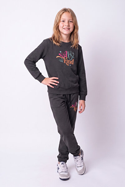 FYK KİDS Girl's Printed Crew Neck Double Pocket Tracksuit Set