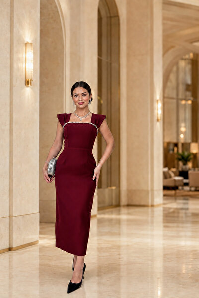 Deafox Burgundy Stone Detail Thick Strap Square Neck Slit Crepe Fabric Dress