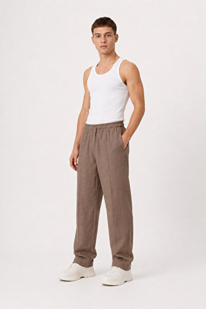 İMVAGO Men's Linen Brown Baggy Pleated Trousers