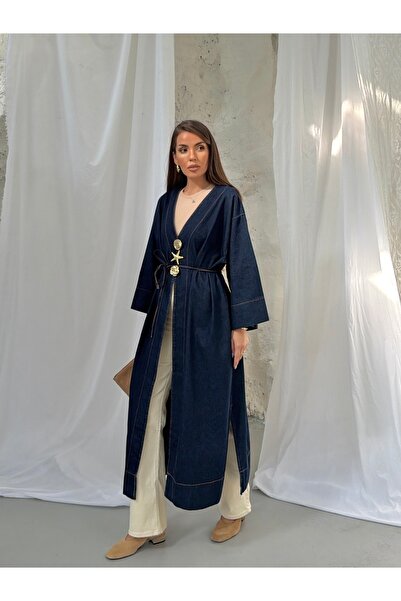 Hatun Atila V-Neck Accessory Belted Long Denim Kimono 9133 - Navy Blue