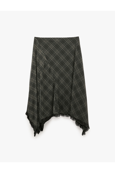 Koton Regular Fit Asymmetrical Cut Lace Detailed Midi Tulle Plaid Skirt