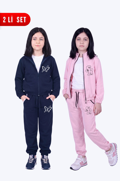 FYK KİDS Girl's 2-Piece Printed Stand Collar Double Pocket Zippered Tracksuit...