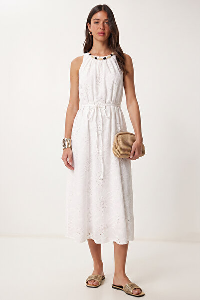 Lovelyİstanbul Fisto Embroidered Summer Woven Dress Lby0066 White