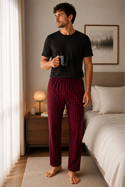 Arvin Pijama Men's Plaid Printed Cotton Pocketless Elastic Waist Summer Pajam...