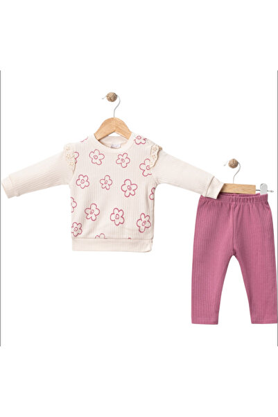 NİKUBY BABY Baby Girl Seasonal 2-Piece Set with Single Floral Pattern, Long S...