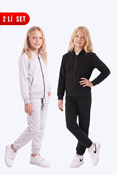 FYK KİDS Girl's 2-Piece Plain Basic Zippered Hooded Double Pocket Tracksuit Set