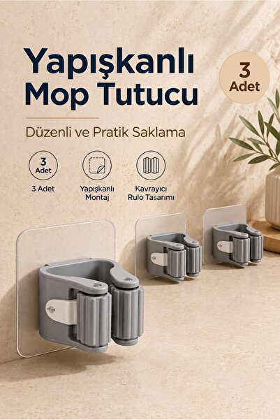 Monteor Yapışkanlı Mop Süpürge Tutucu Duvar Tipi Paspas Sopa Askı Aparatı (3 ...
