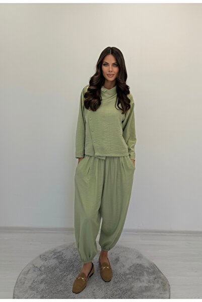 ossons Draped Collar Asymmetrical Button Detailed Shalwar Trousers Set