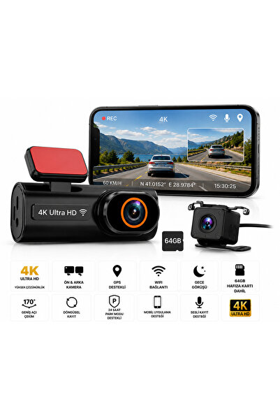 TeknoFaji 4K Ön Arka Mini Araç Kamerası Ultra HD GPS WiFi Gece Görüşü 64GB Ha...