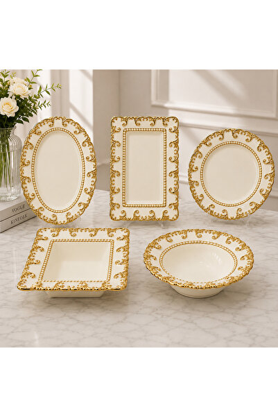 Hinora 5-Piece Porcelain Presentation Set – Gold Gilded Baroque Patterned Ser...