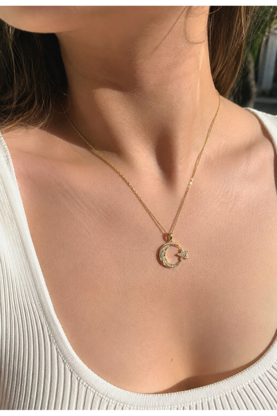 ATALYA ACCESSORY Moon Star Zircon Stone Women's Necklace - Shipped with Box