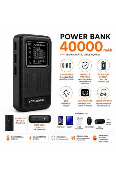 ASMXX Power Bank A12, 40000mAh, 3x USB-A, Display Digital, LED, Micro-USB, 5V...