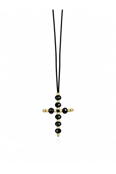 OEM Choker negru cu elemente în formă de cruce din aur de 14k și cristale